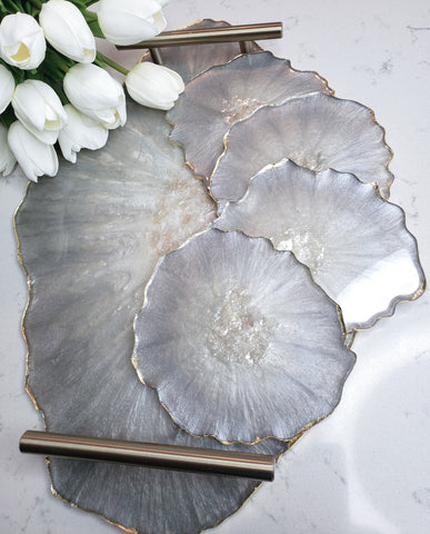 Excellence Collection- Silver & Pearl Agate Tray with Handles & Coasters