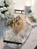 Excellence Collection- White Quartz & Moonstone Tray with Black Handles/ 2 Coasters