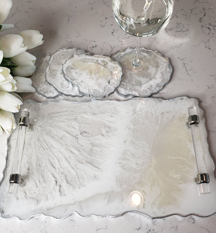 Opal Agate Collection: White & Pearl Tray with Acrylic Handles & 4 Coasters