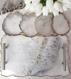Opal Agate Collection: White & Grey Tray with Silver Handles & 4 Coasters