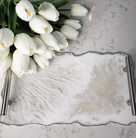 Opal Agate Collection: White & Pearl (Sm) Tray with Acrylic Handles & 2 Coasters